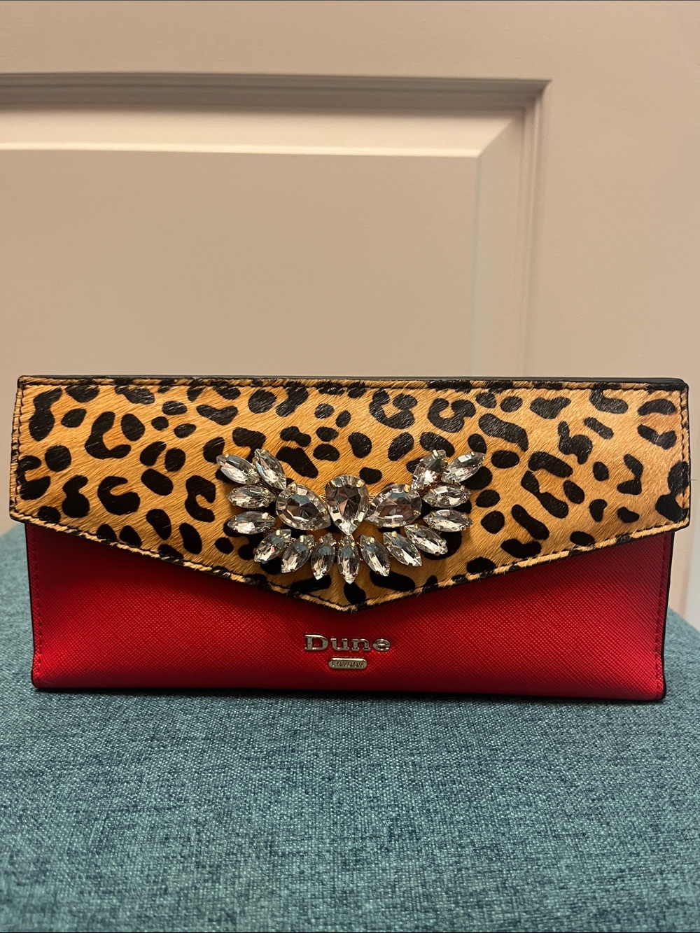 Red and Leopard-Print Crystal Accent Envelope Clutch